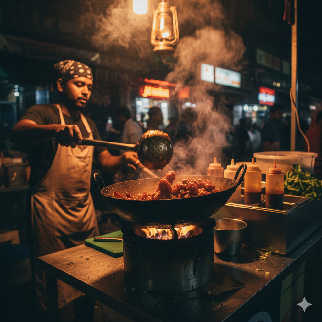 Street food vendor cooking Indo-Chinese in a wok over open flame