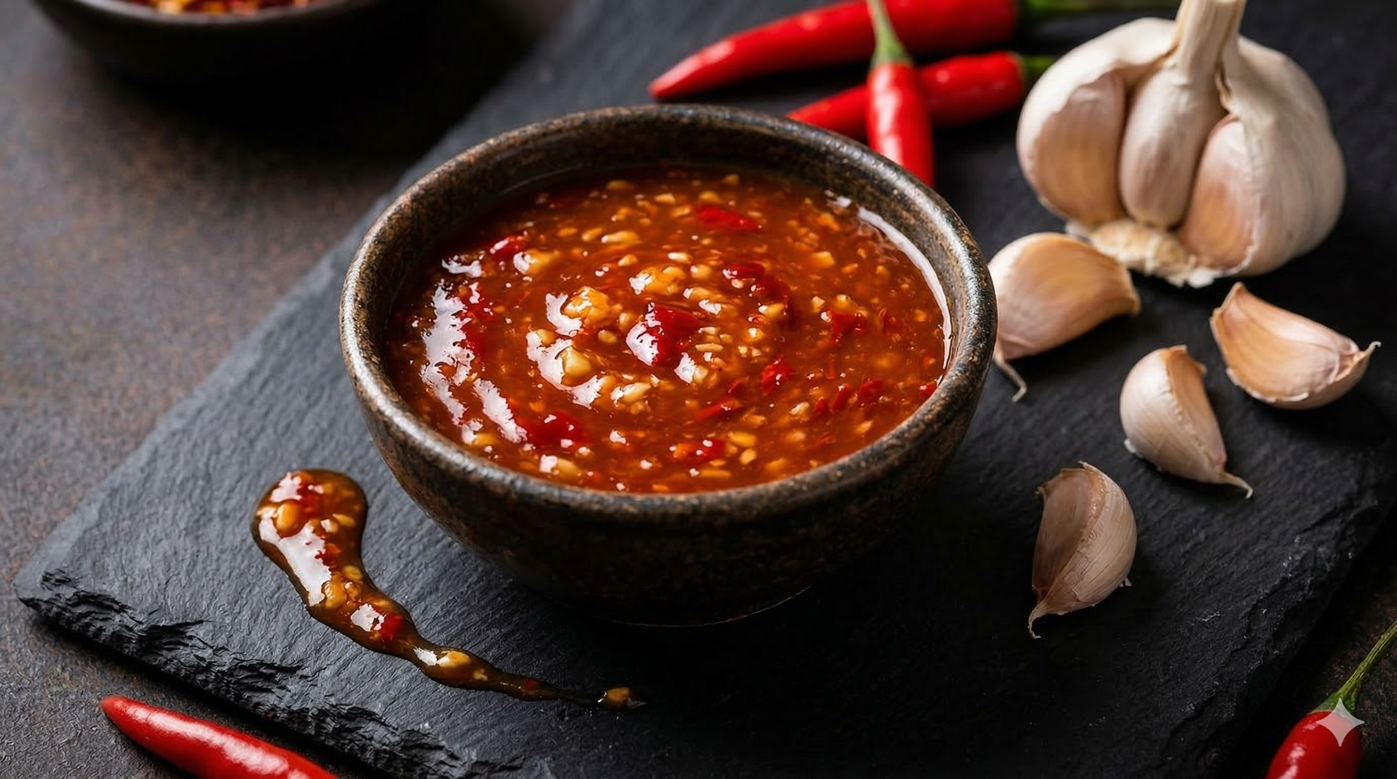 Glossy red chilli garlic sauce in a glass jar with fresh garlic and red chillies