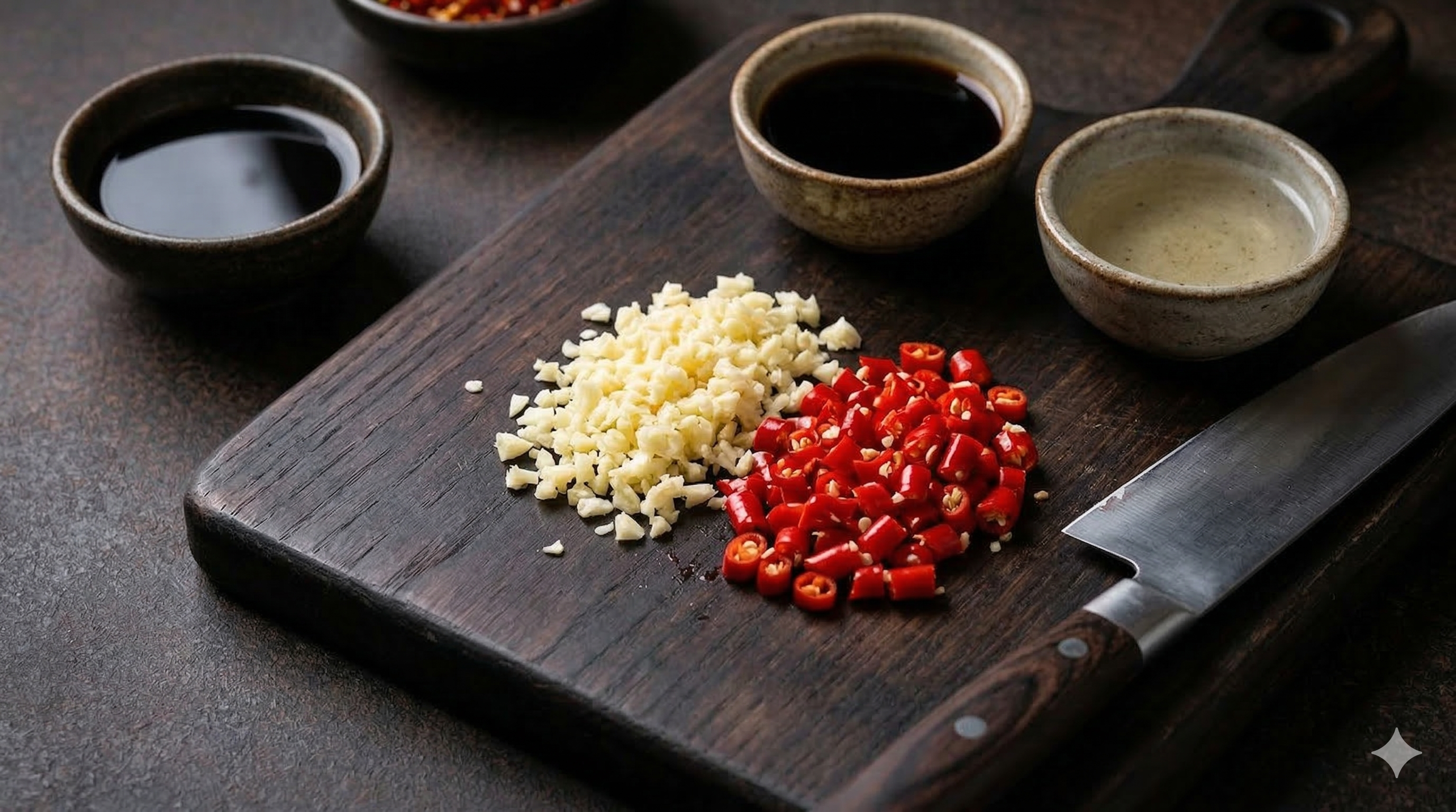 Finely minced garlic and chopped red chillies on a dark cutting board