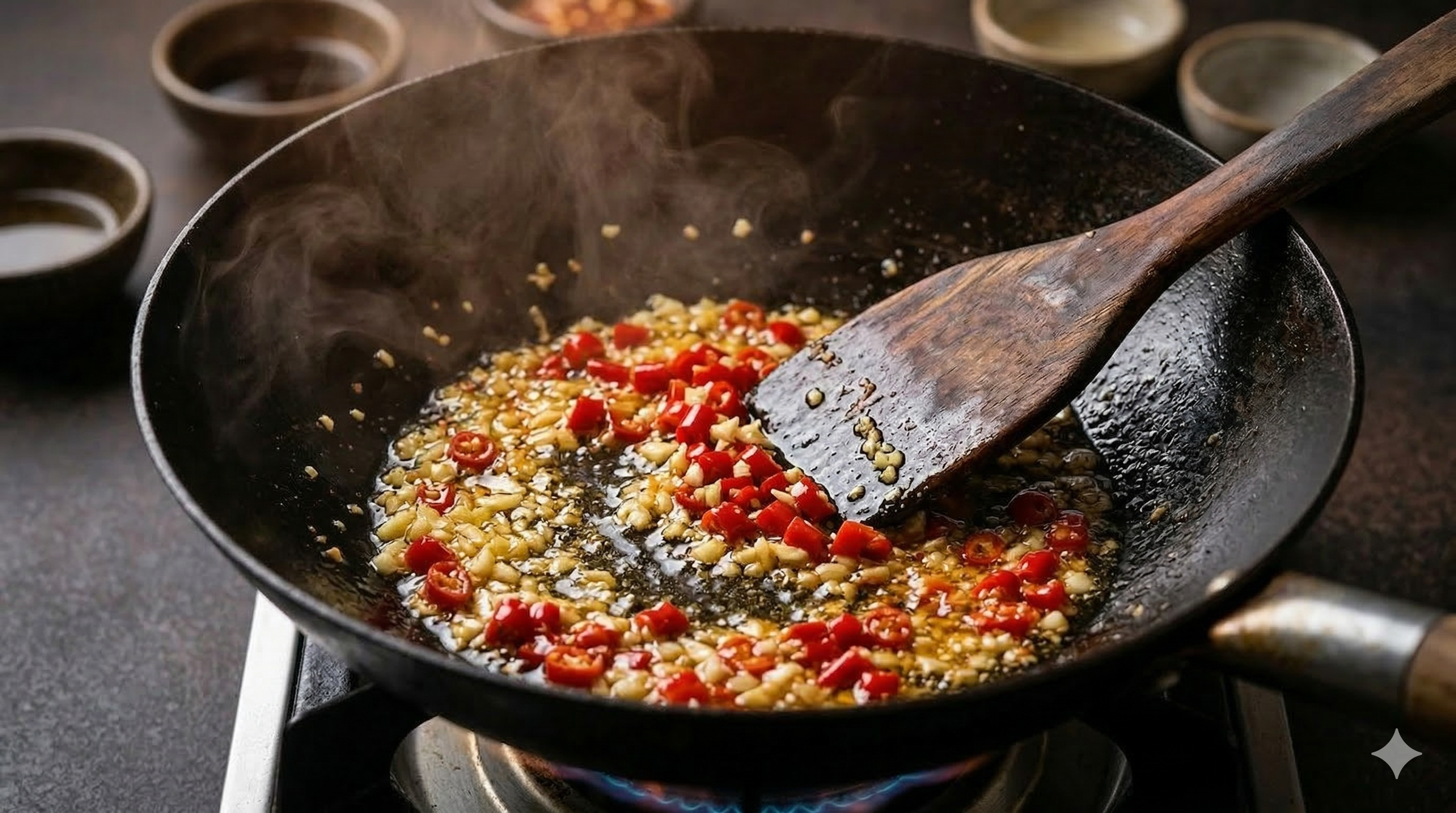 Garlic and chillies frying in a wok until fragrant
