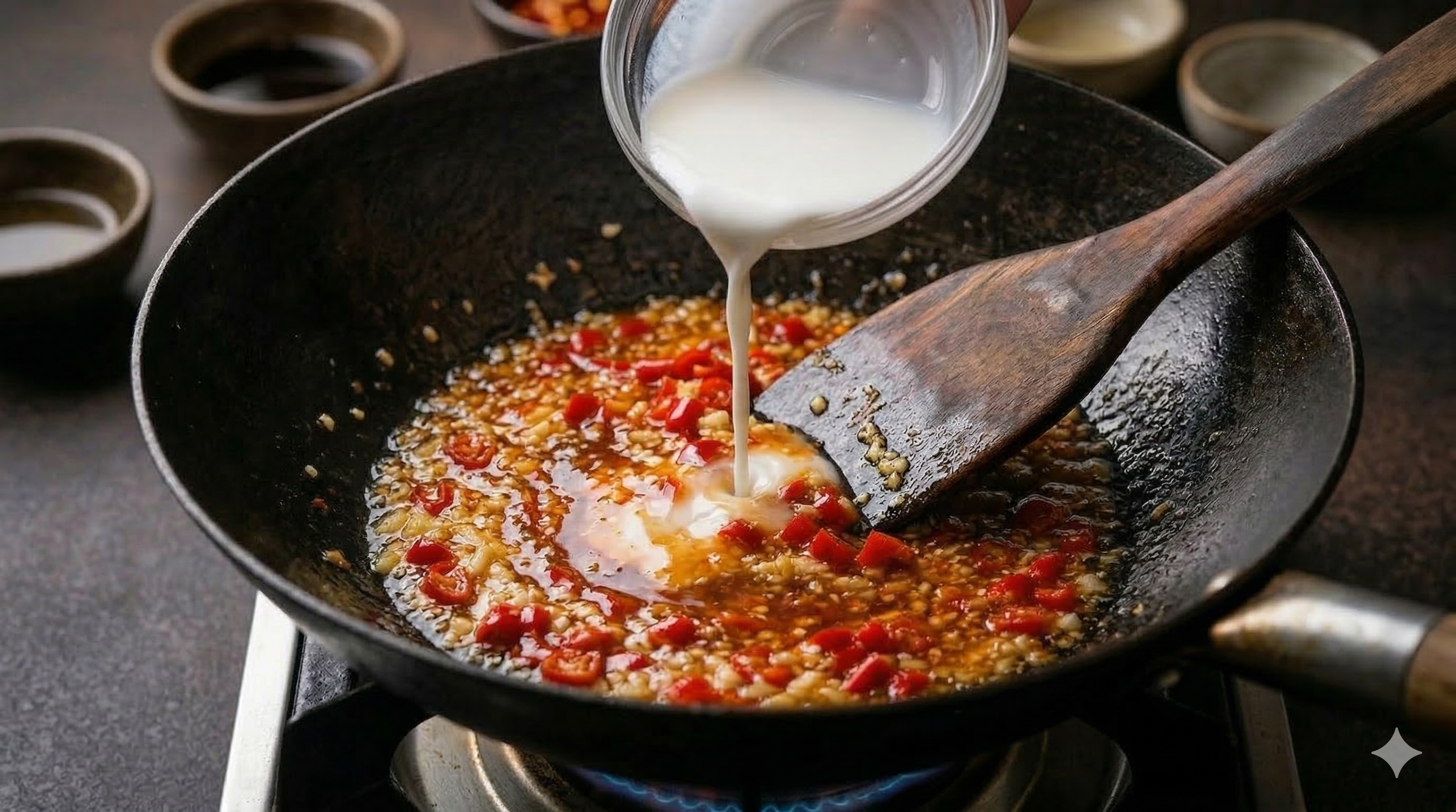 Cornstarch slurry being poured into the wok creating a glossy sauce