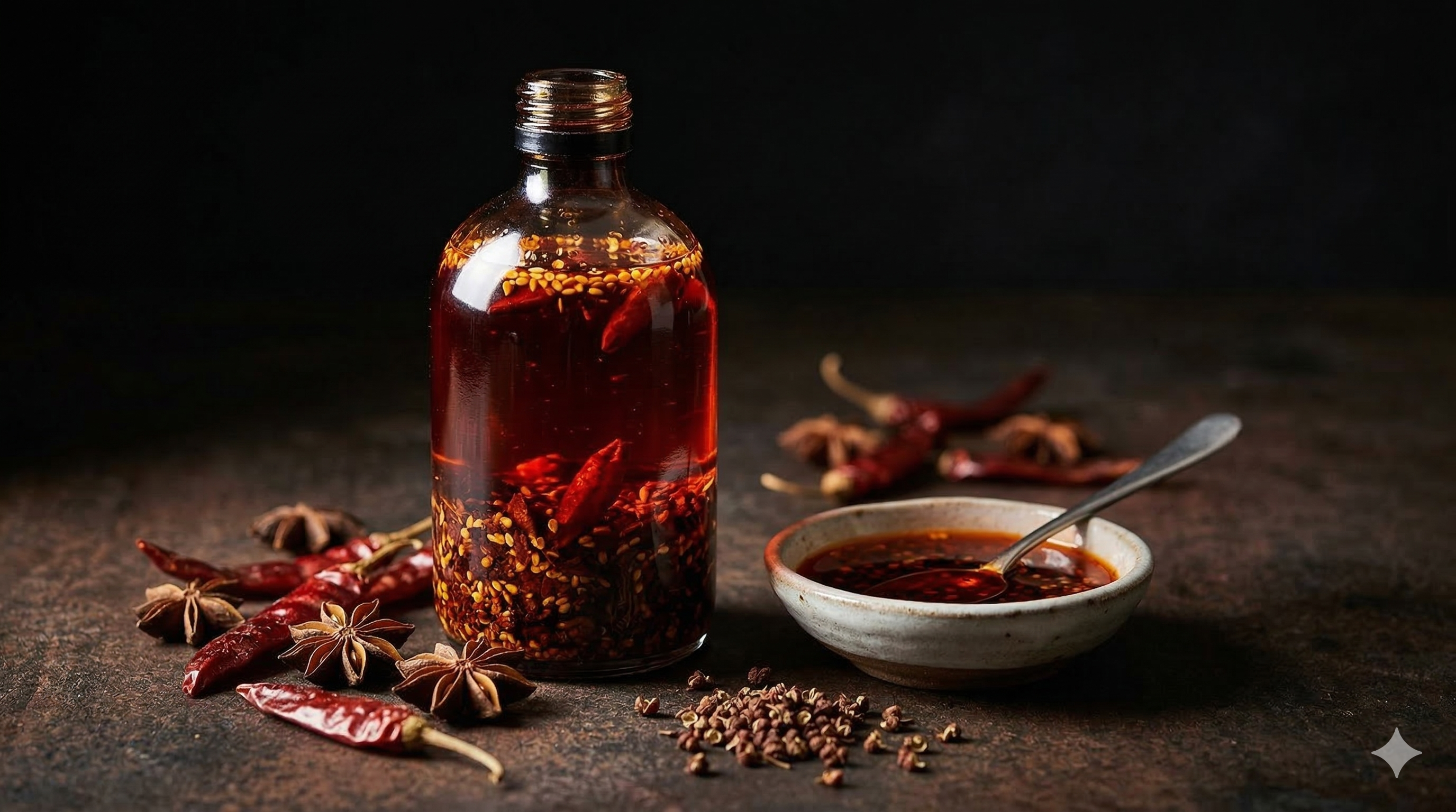 Homemade chilli oil in a dark glass bottle with vibrant red oil, chilli flakes and sesame seeds visible