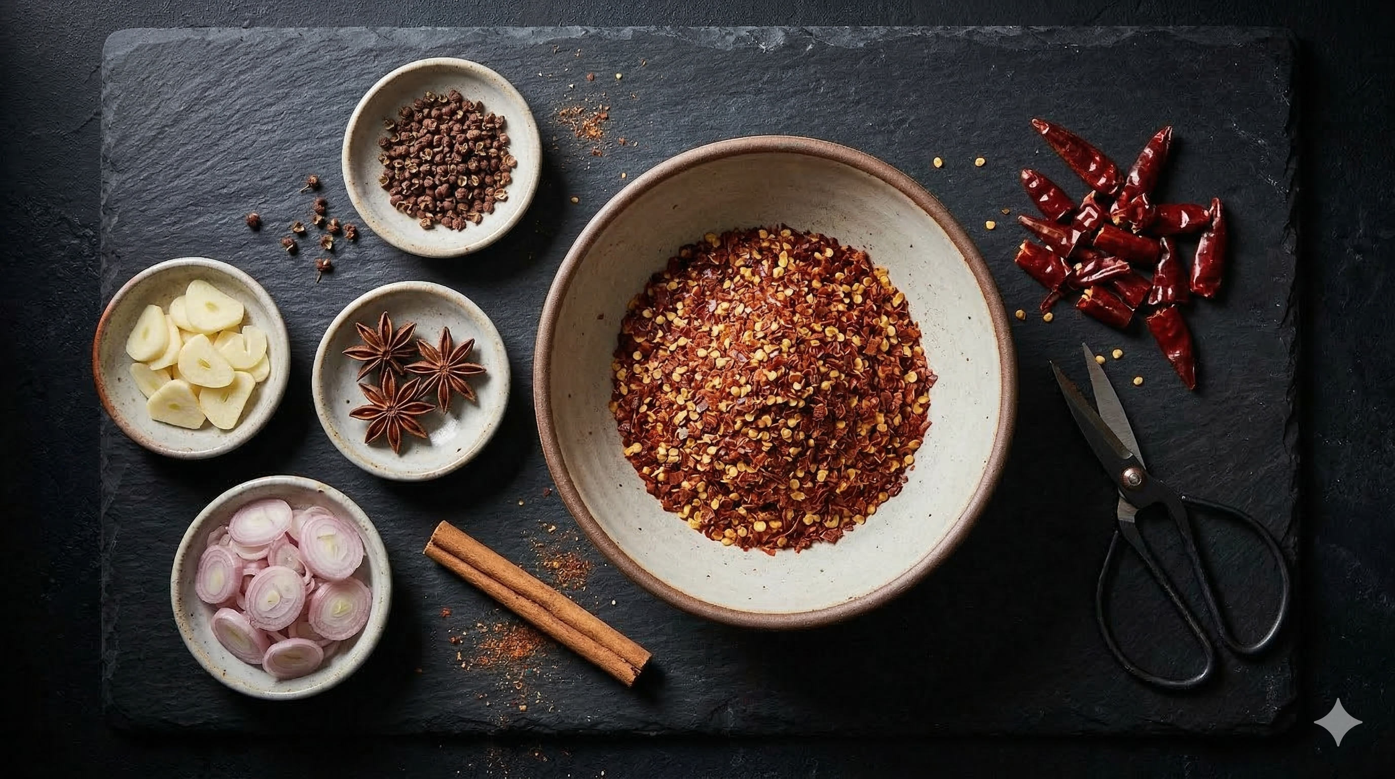 Mise en place with dried Kashmiri chillies, chilli flakes, Sichuan peppercorns, star anise, and sliced aromatics