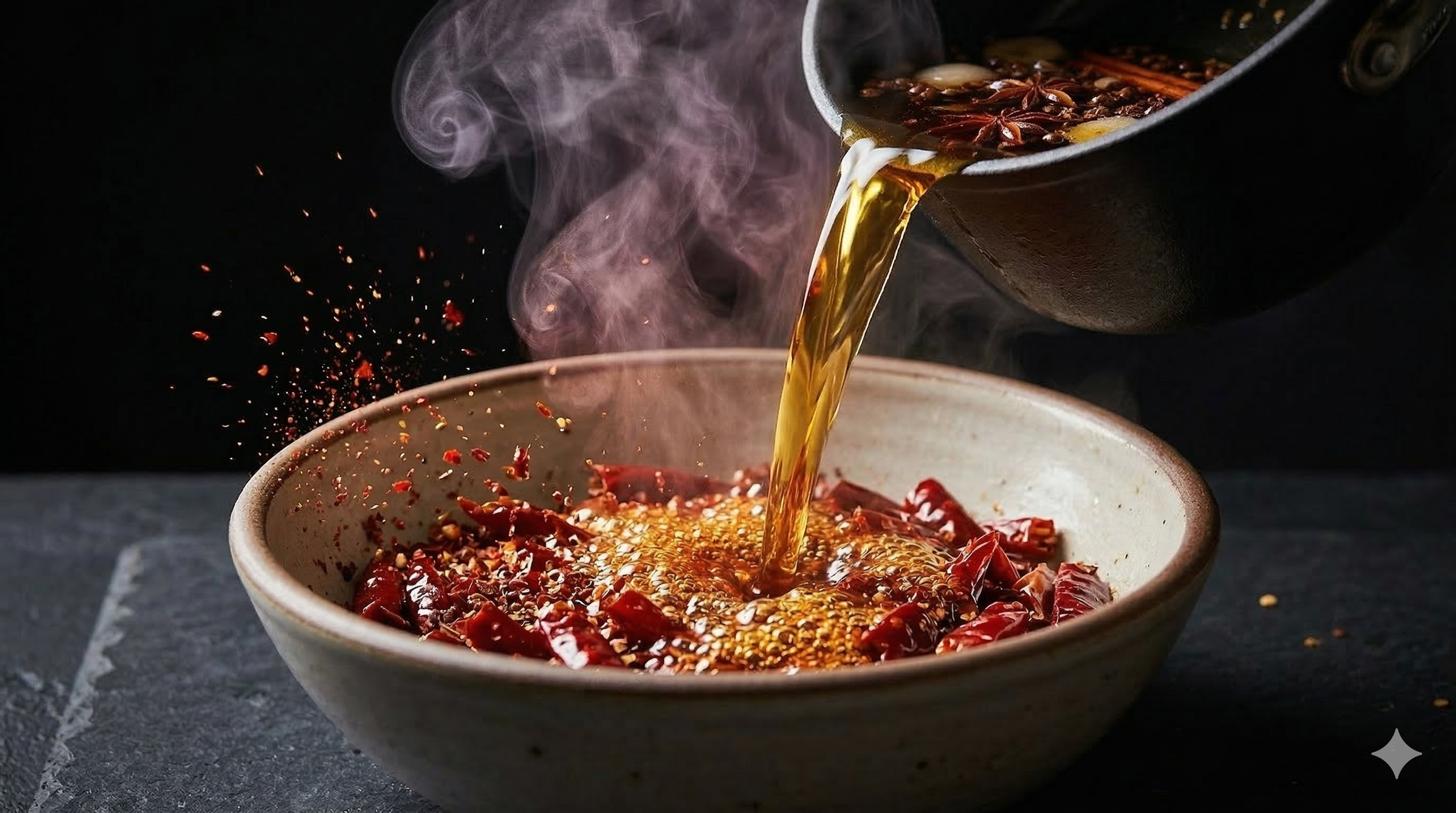 Hot oil being poured over red chilli flakes creating a dramatic sizzle and aromatic smoke