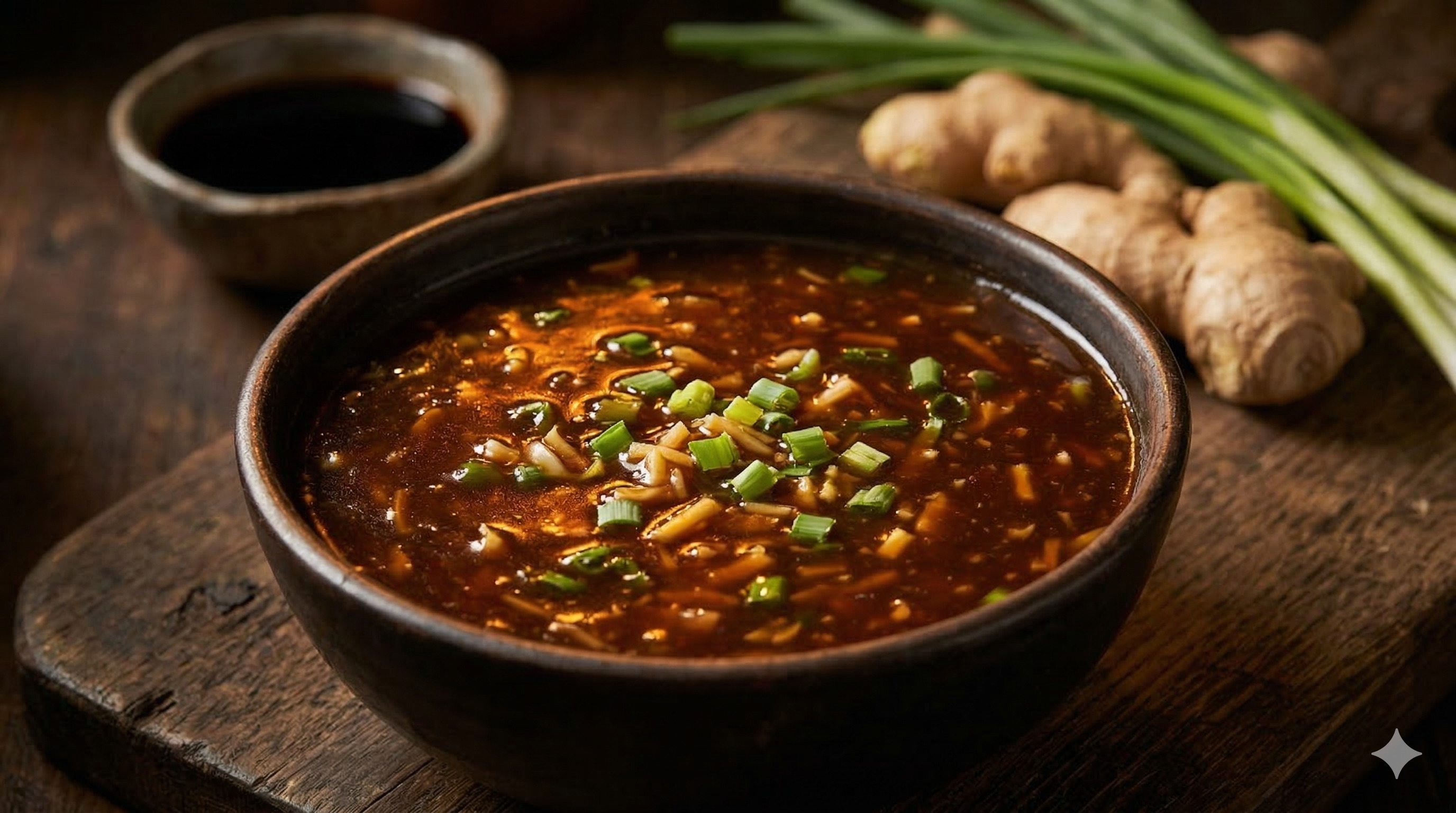 Restaurant-style Manchurian gravy in a dark wok, rich glossy brown sauce with steam rising and spring onion garnish
