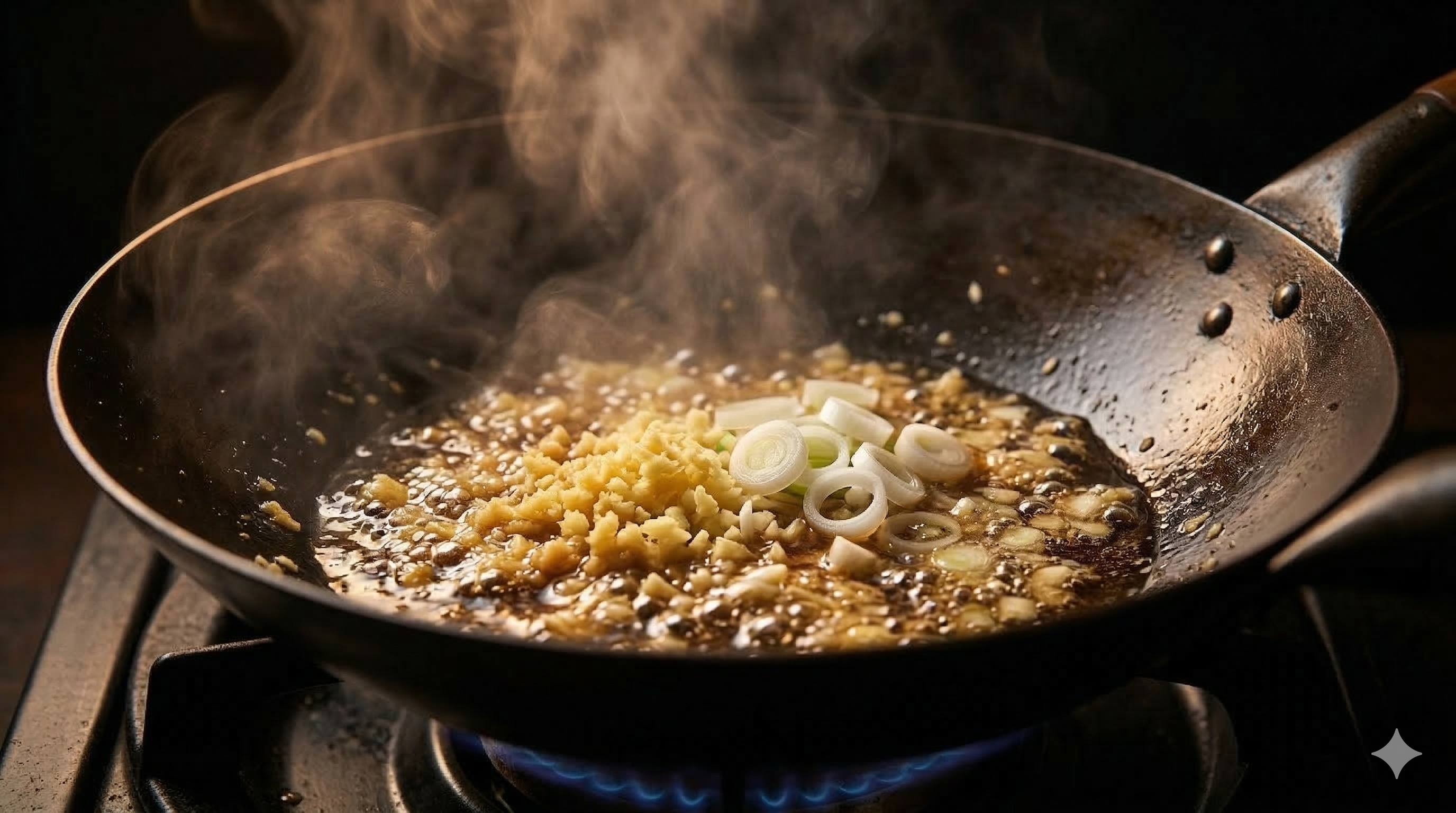 Soy sauce, vinegar and stock being added to the wok