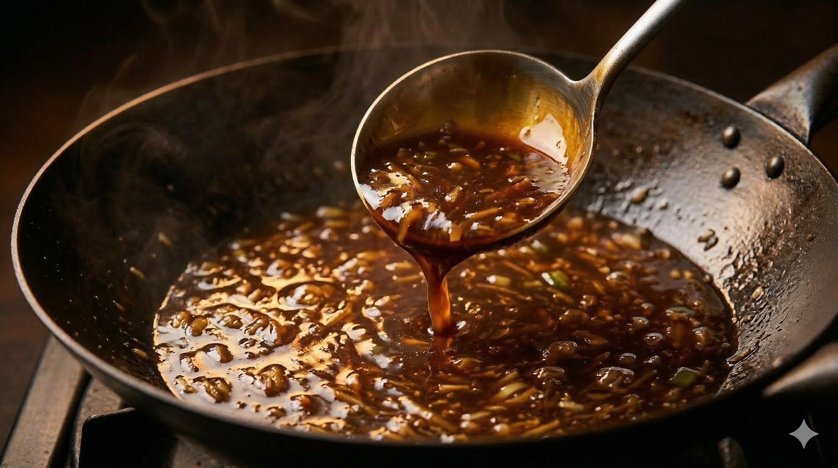 Glossy brown Manchurian gravy coating the back of a ladle
