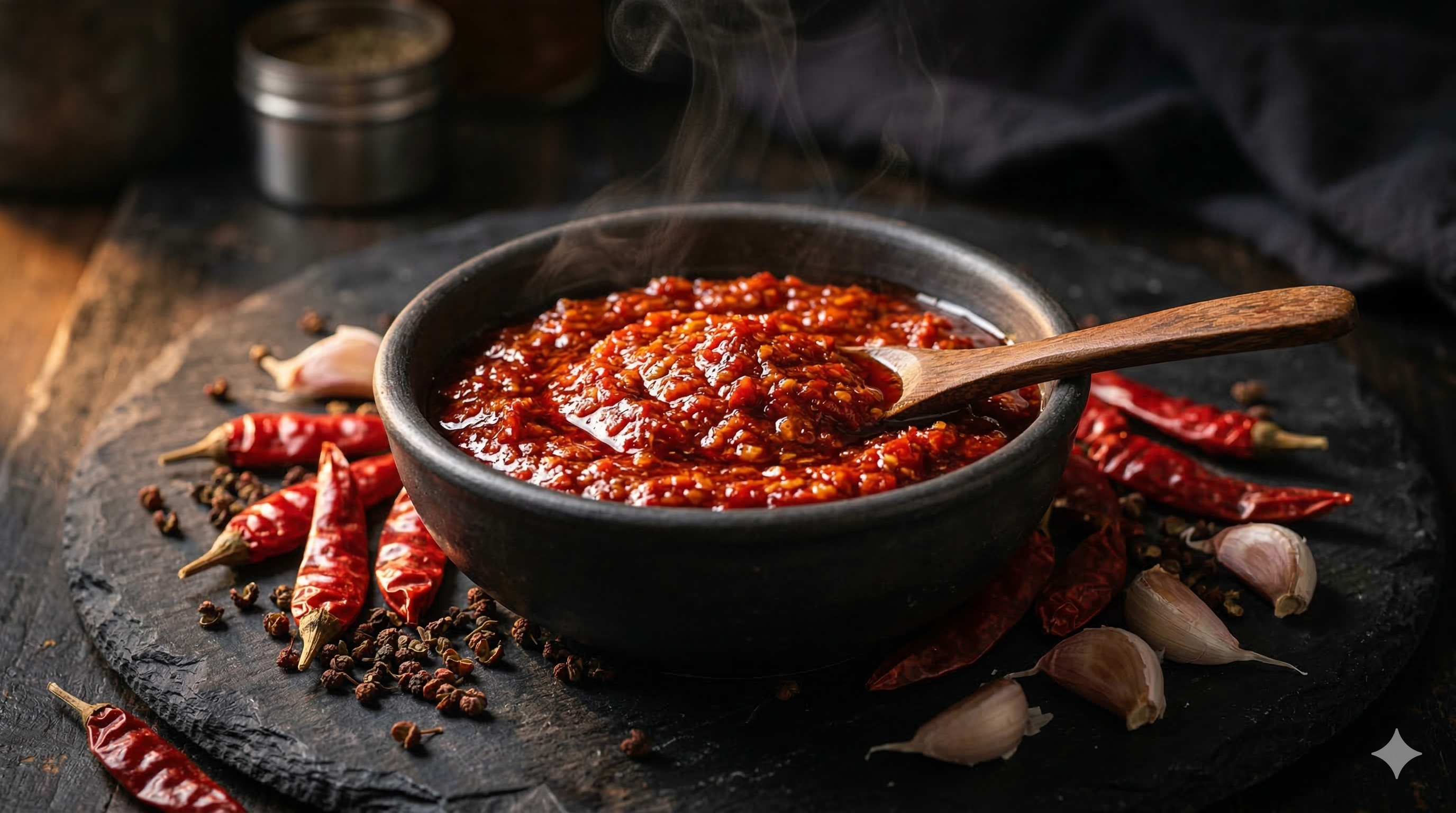 Homemade Schezwan sauce in a dark ceramic bowl with dried Kashmiri chillies and Sichuan peppercorns
