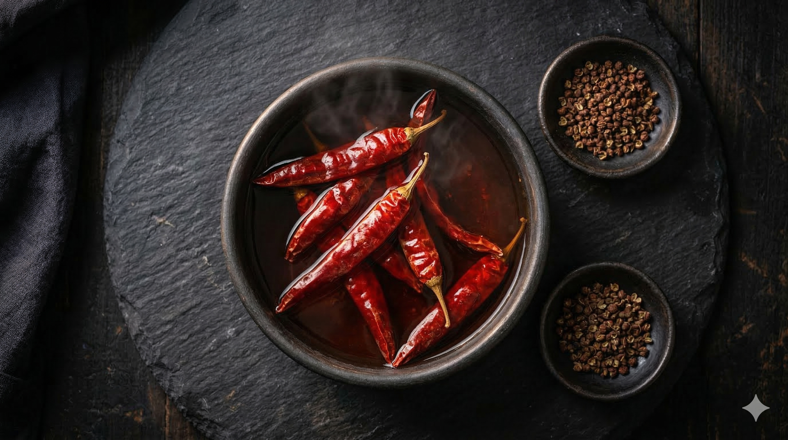 Dried red Kashmiri chillies soaking in hot water