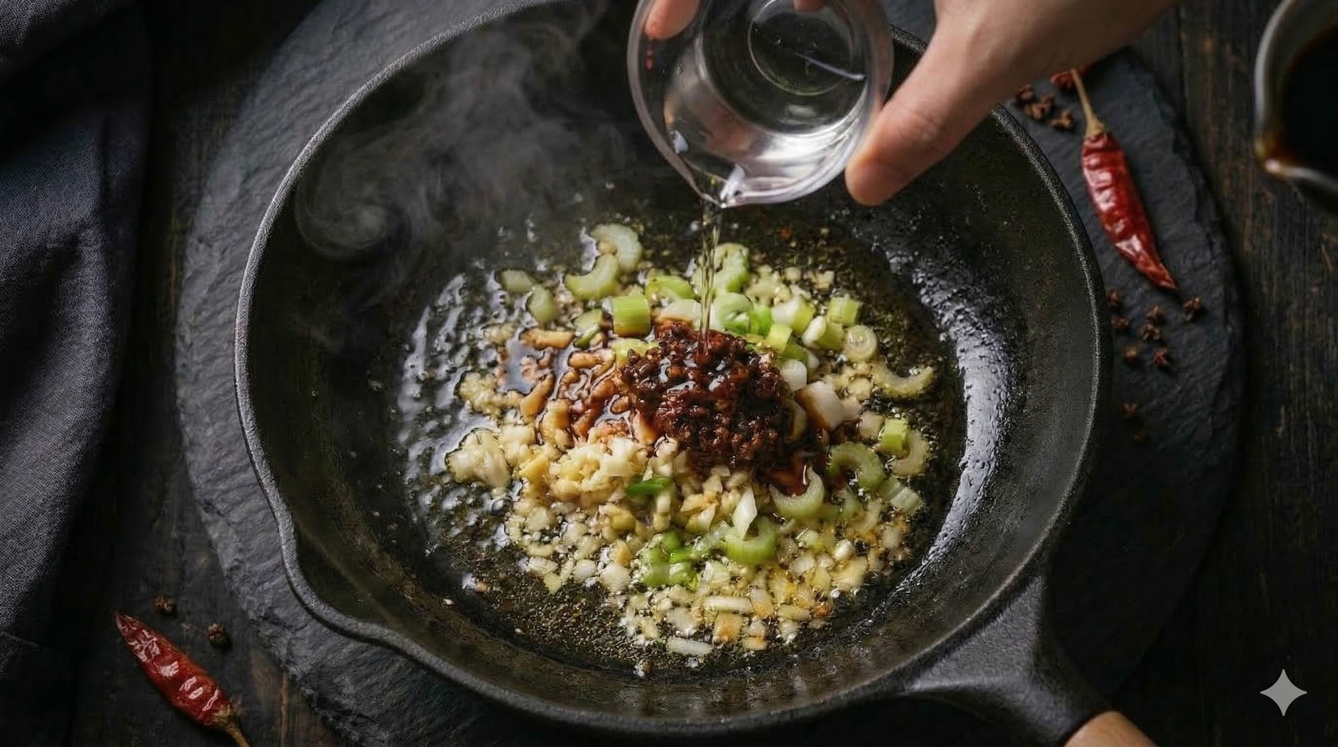 Schezwan paste frying in a wok with oil separating around the edges