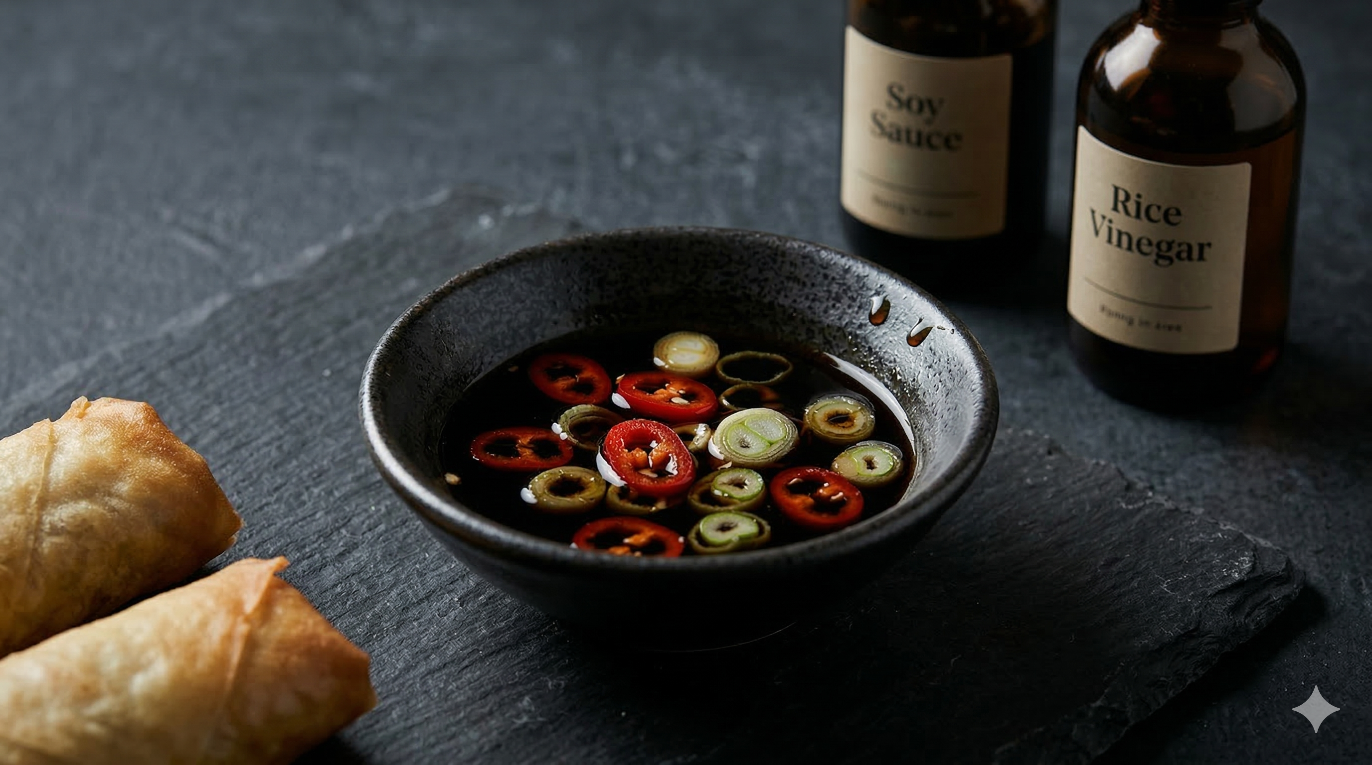 Spicy soy vinegar dipping sauce in a dark ceramic bowl with chilli slices and spring onion, crispy spring rolls nearby