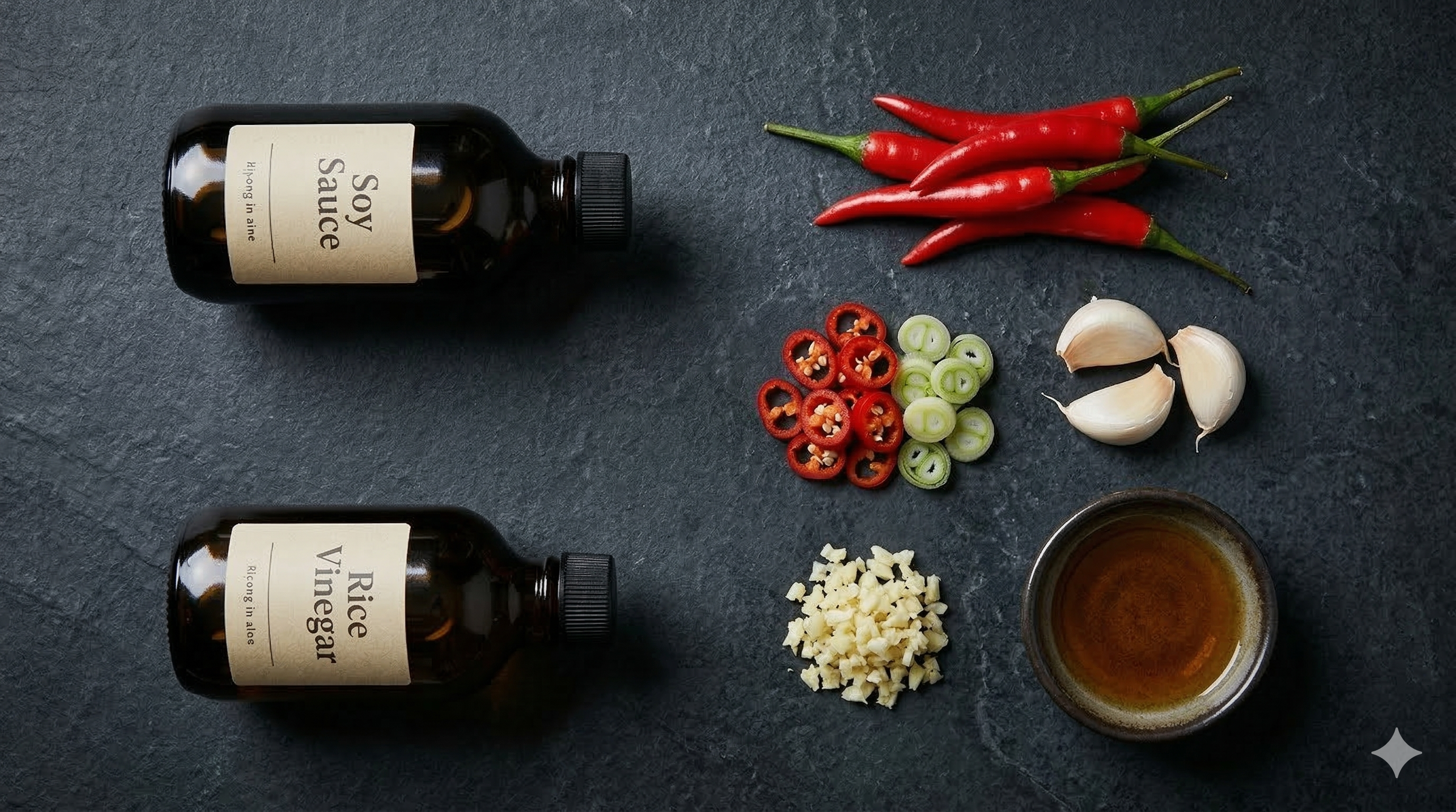 Ingredients laid out: soy sauce, rice vinegar, fresh chillies, garlic, and spring onions