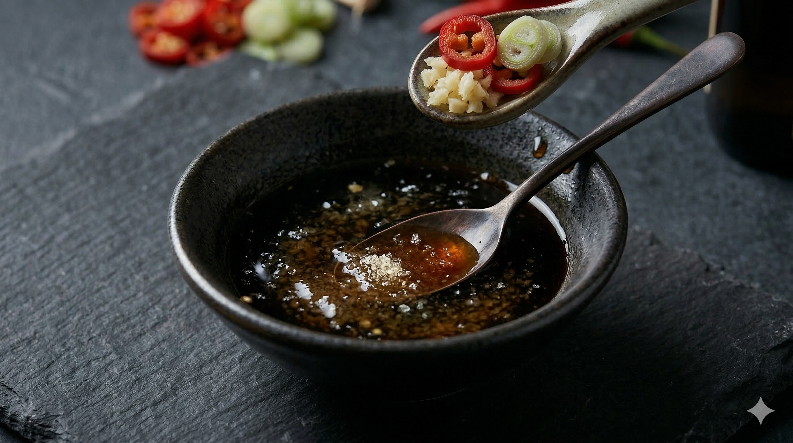 Mixing soy sauce and vinegar in a dark bowl with sugar dissolving