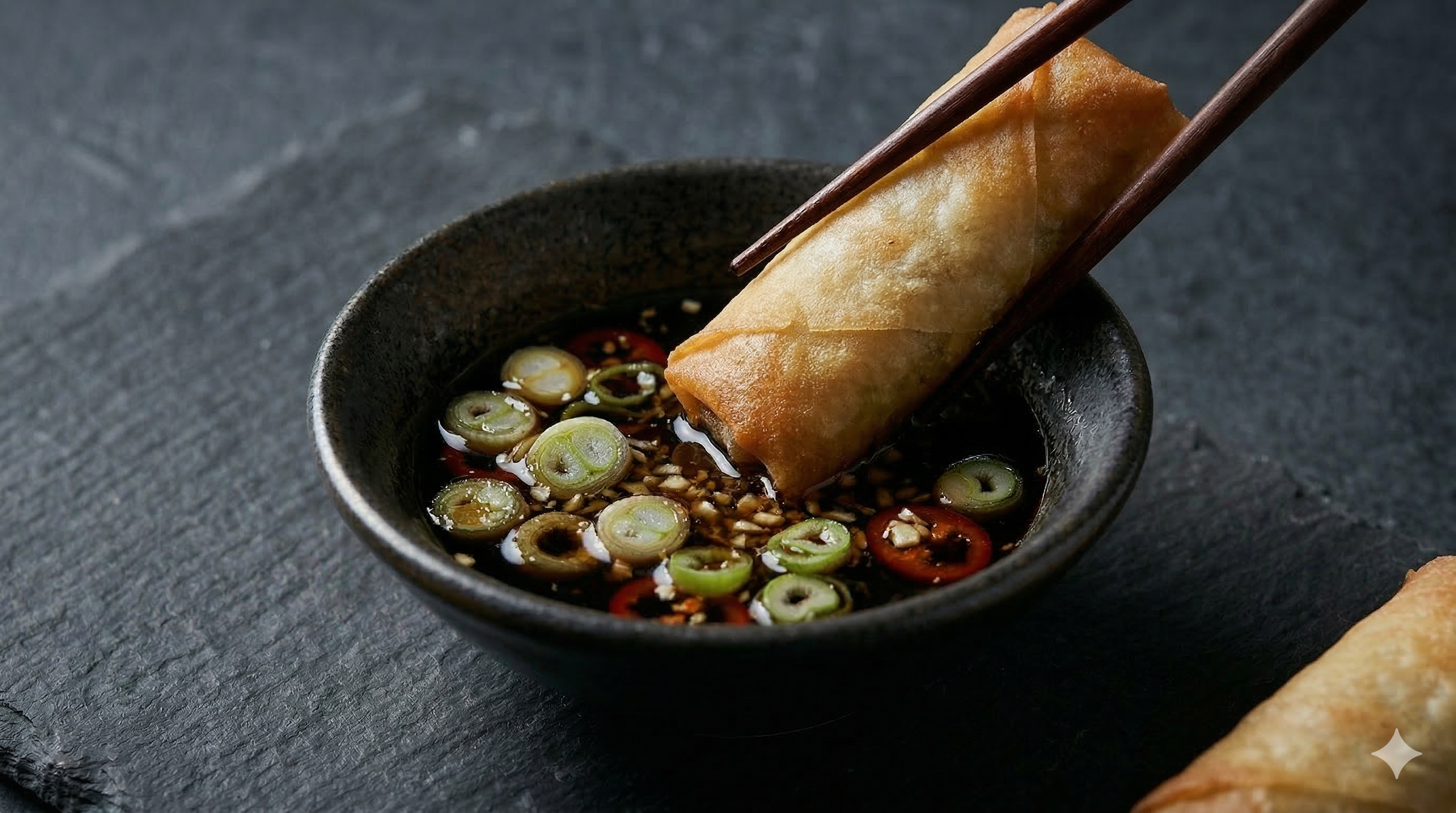 Finished dipping sauce with spring onion garnish, chopsticks dipping a spring roll